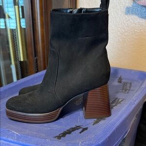 Guess Black Suede Platform Ankle Boots with Stacked Brown Heel